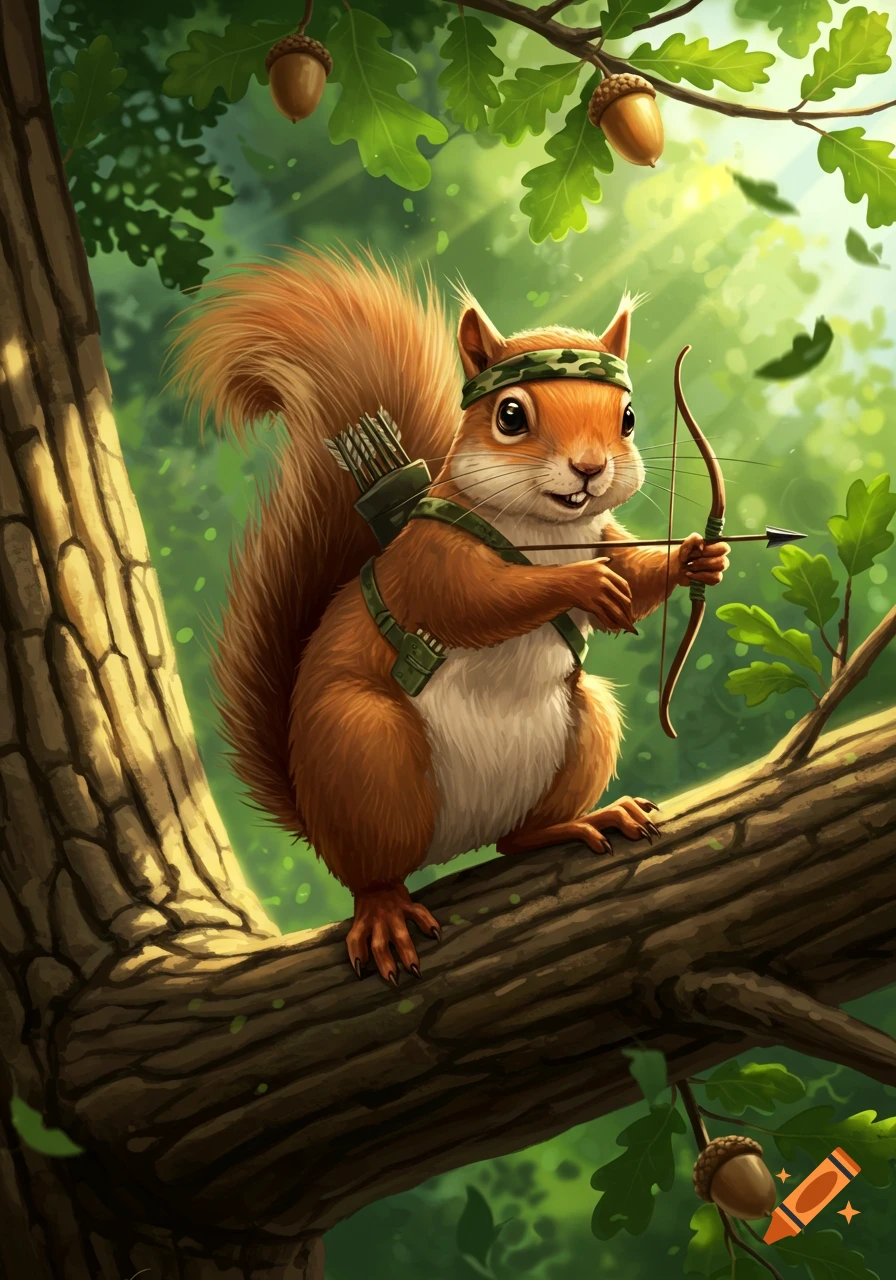 A cartoon squirrel in a camouflage headband and military vest, holding a bow and arrow, sits on an oak tree branch.