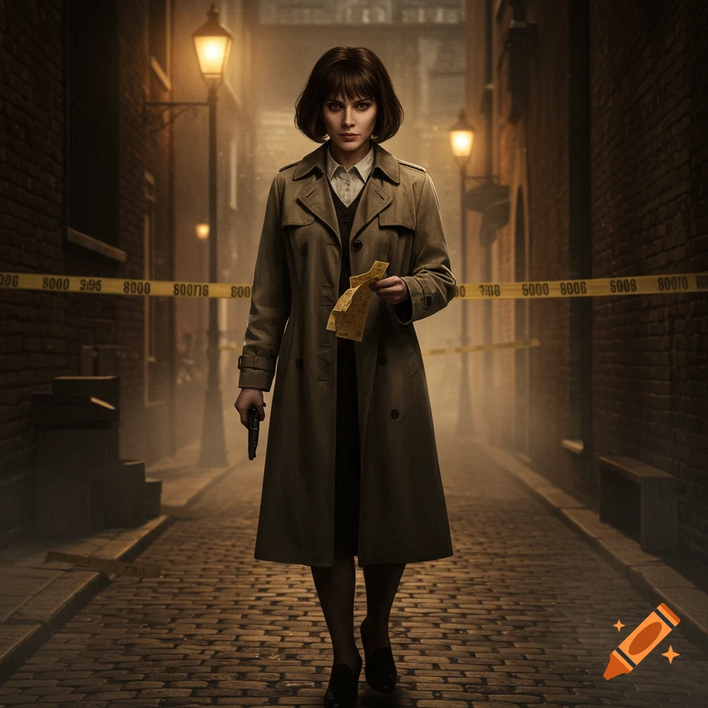 A 1950s female crime investigator in a trench coat holds a gun and paper in a dark, cobbled alley with crime tape.