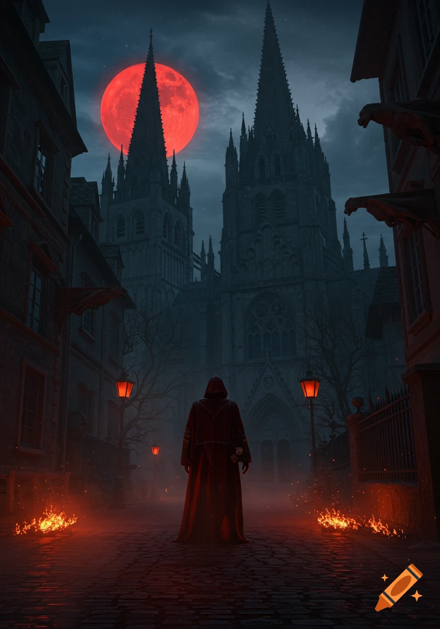A hooded figure stands on a cobblestone street, looking towards towering gothic cathedrals under a giant blood-red moon, with fires on the ground.