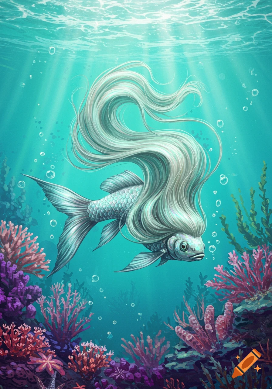 Illustrative fantasy fish with long flowing white hair swims in a colorful coral reef under sunlit water.