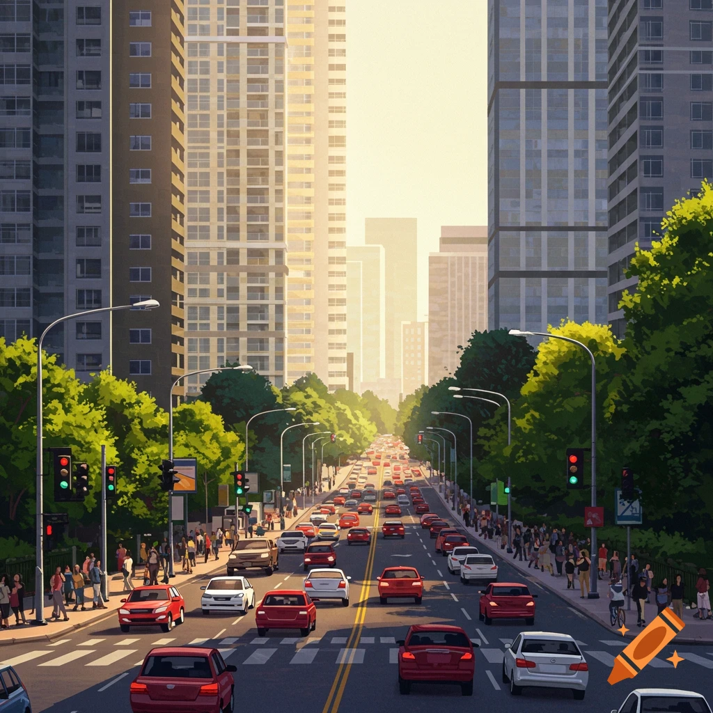 A stylized view of a busy city street with heavy traffic, tall buildings, and pedestrians on sidewalks.