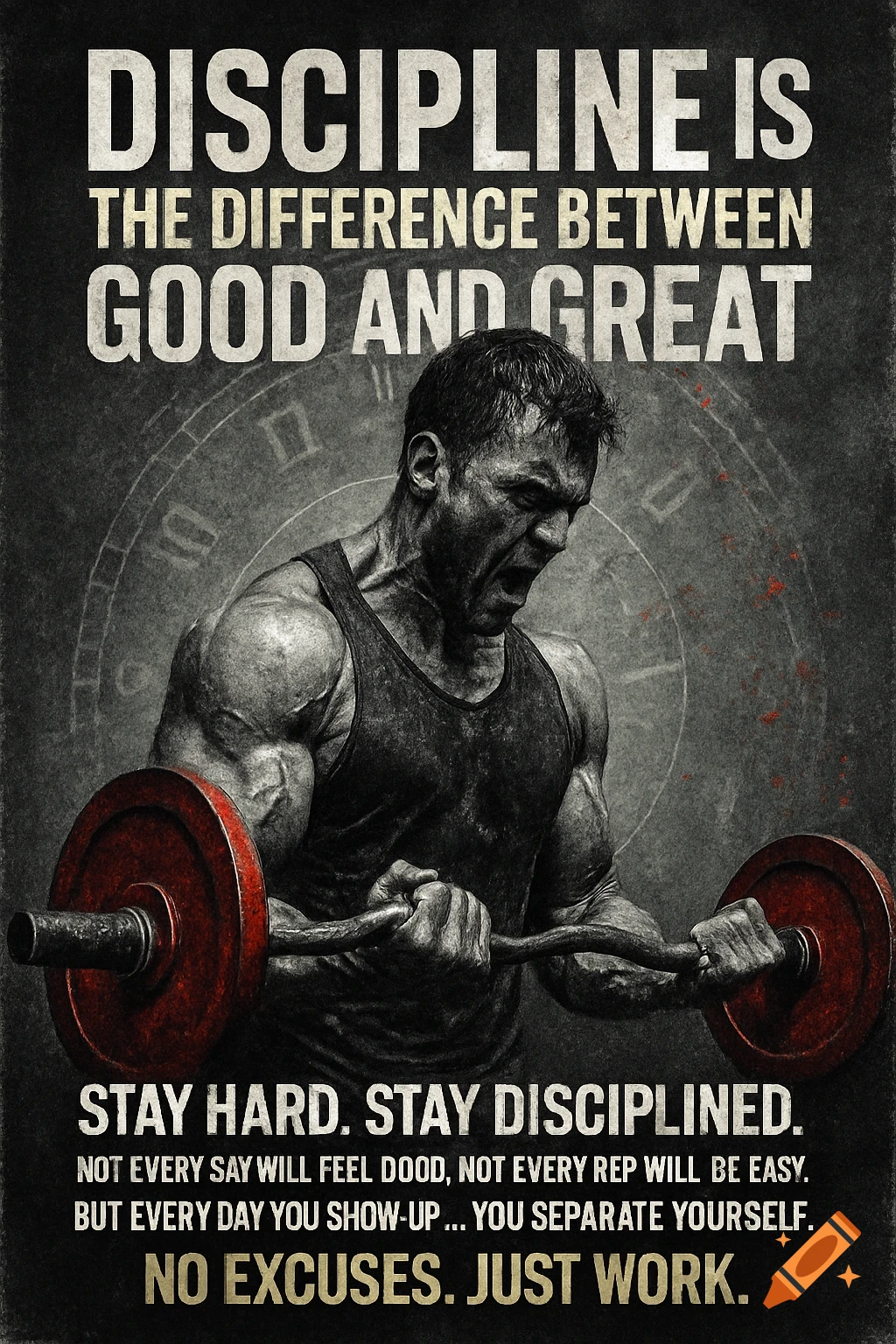 A gritty black and white motivational poster of a muscular man intensely curling a barbell, with red weights. Text reads: "DISCIPLINE IS THE DIFFERENCE BETWEEN GOOD AND GREAT. STAY HARD. STAY DISCIPLINED. Not every day will feel good... NO EXCUSES. JUST WORK."