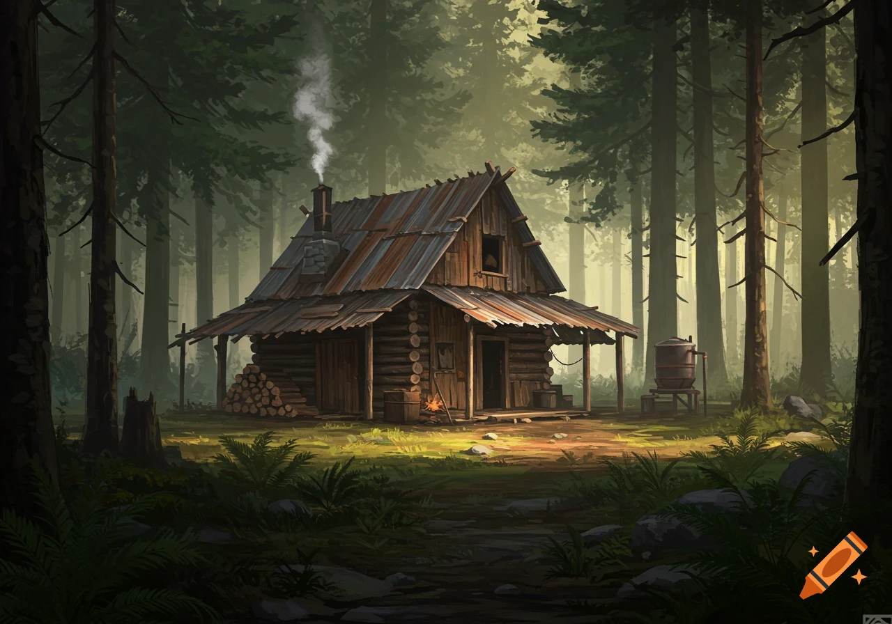 A rustic wooden cabin with a corrugated metal roof and smoking chimney in a dense, sunlit forest, in a video game art style.