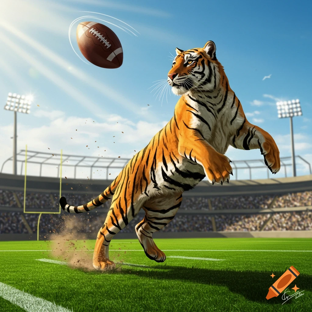 A powerful tiger leaps to catch a football in a sunny stadium filled with spectators, depicted in a realistic illustration.