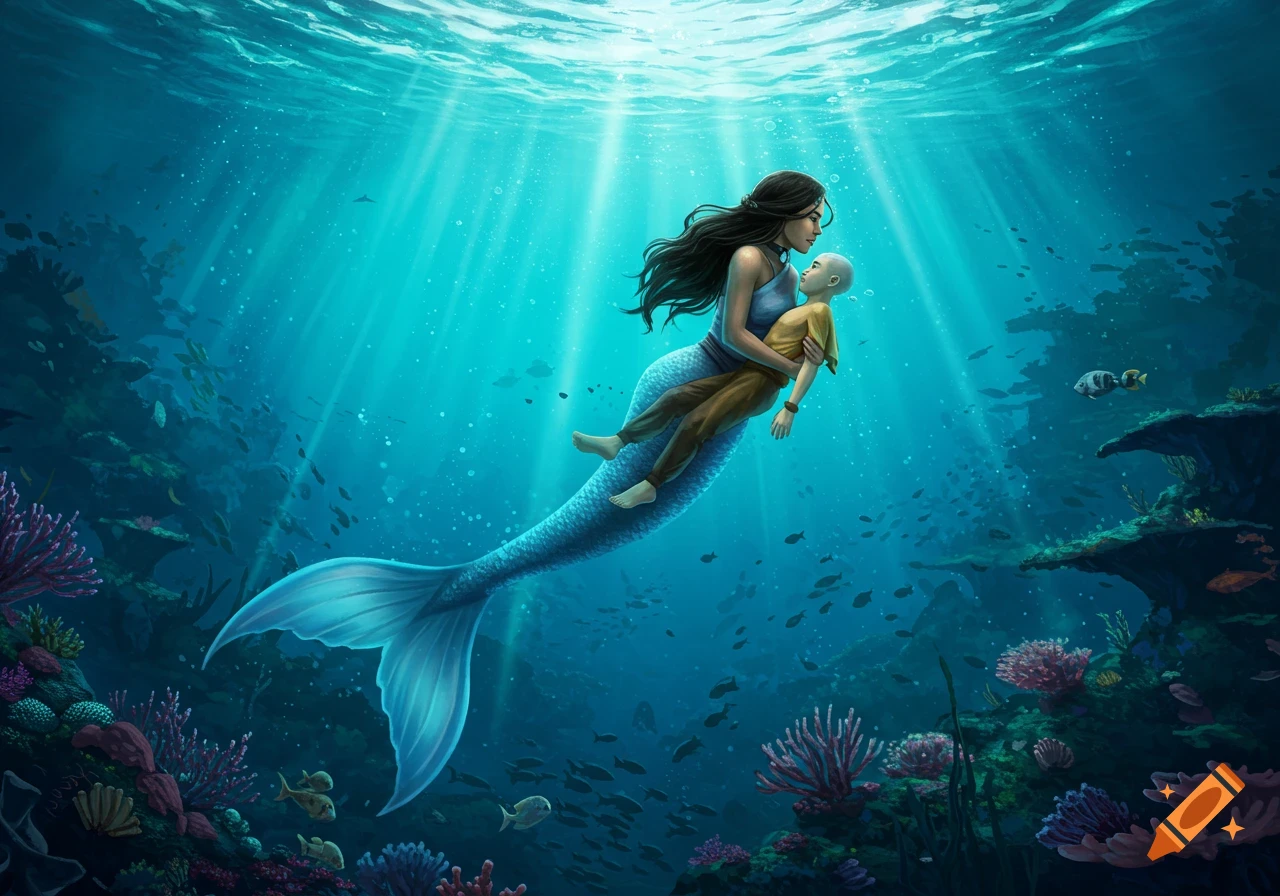 A mermaid, Katara, with dark hair, holds a small bald figure, Aang, underwater in a vibrant coral reef with sunbeams.