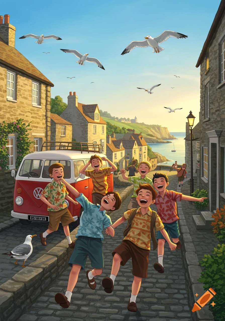 Illustration of laughing boys running down a cobblestone street in a coastal village with a red vintage van and seagulls flying.