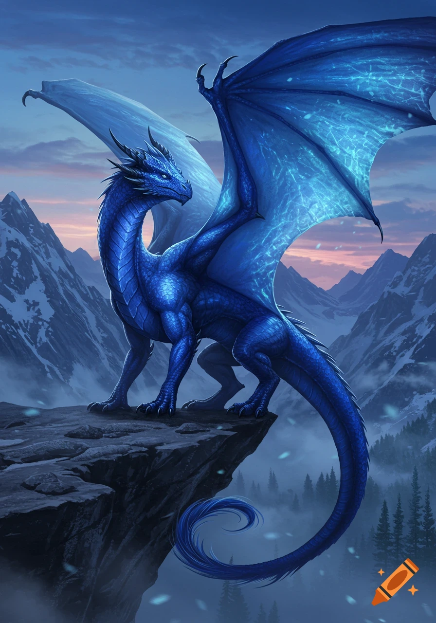 A majestic sapphire blue dragon with glowing wings stands on a rocky cliff overlooking snowy mountains at sunset.