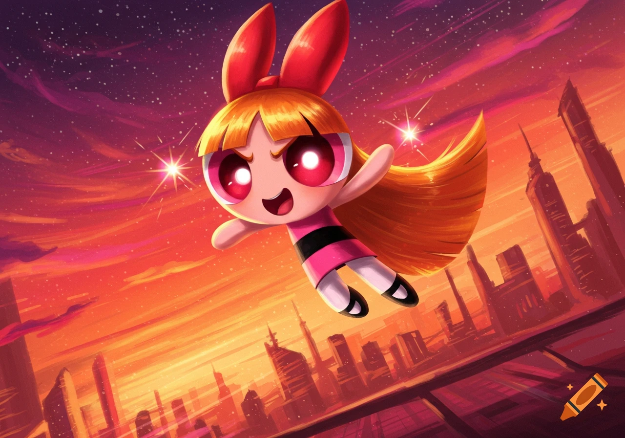 Blossom from The Powerpuff Girls flying over a city skyline against a vibrant orange and purple starry sky.