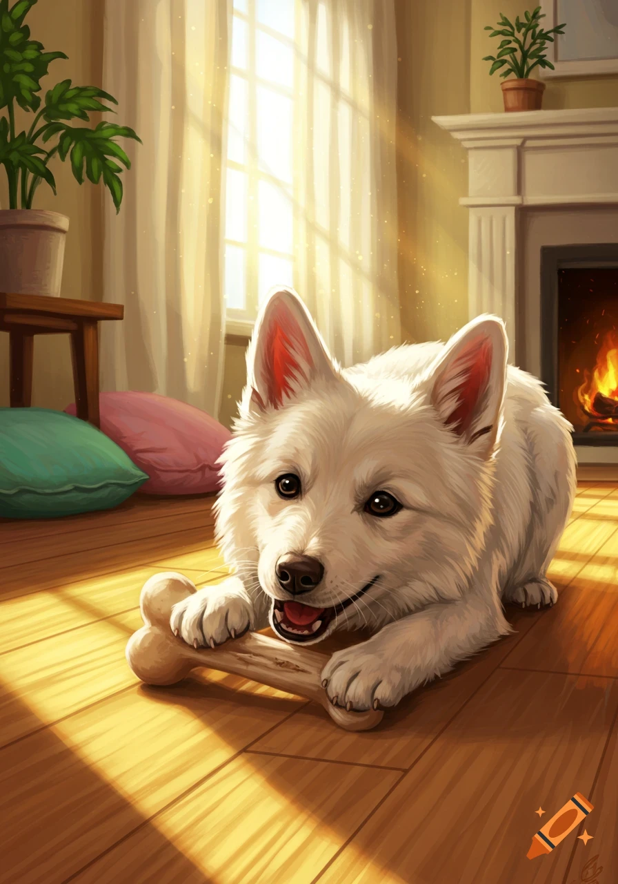 A cute white dog happily chewing a bone on a wooden floor in a sunlit room, digital art.