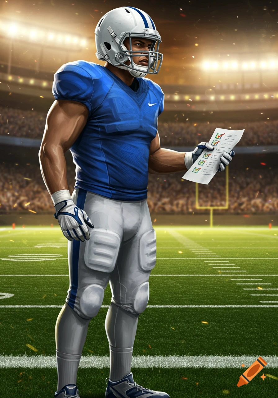 A strong, muscular football player in a blue jersey and white helmet holds a checklist on a brightly lit field.