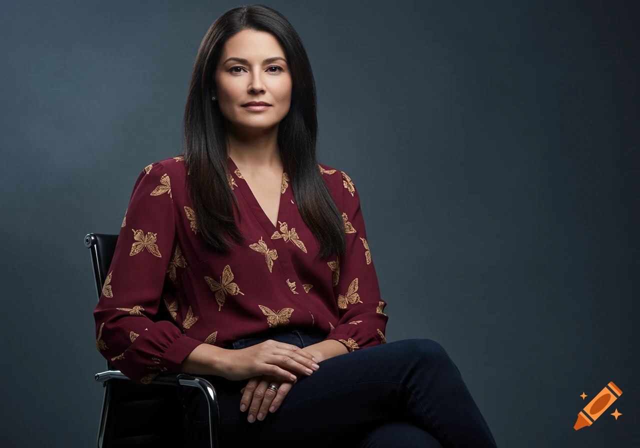 A woman with dark hair sits in a professional studio, wearing a burgundy blouse with golden butterflies and dark pants, hands clasped.