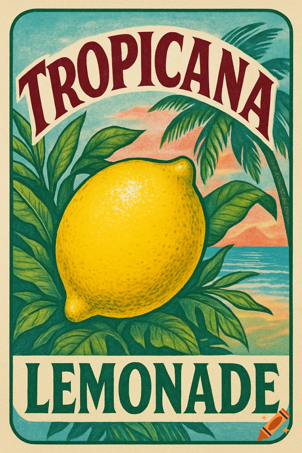 A vintage-style Tropicana Lemonade label featuring a large lemon, green leaves, palm trees, and a beach sunset background.