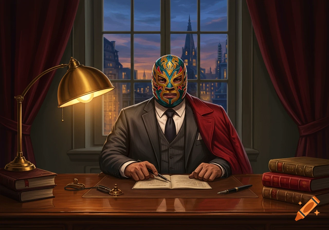 An illustrated luchador in a suit and mask sits at a desk, writing in a book, with a city skyline visible at dusk.
