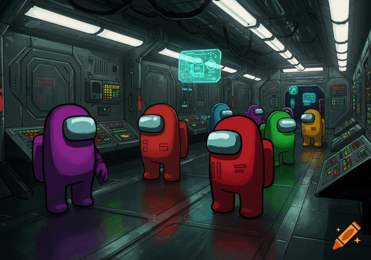 Colorful Among Us crewmates in a detailed spaceship control room with glowing screens.
