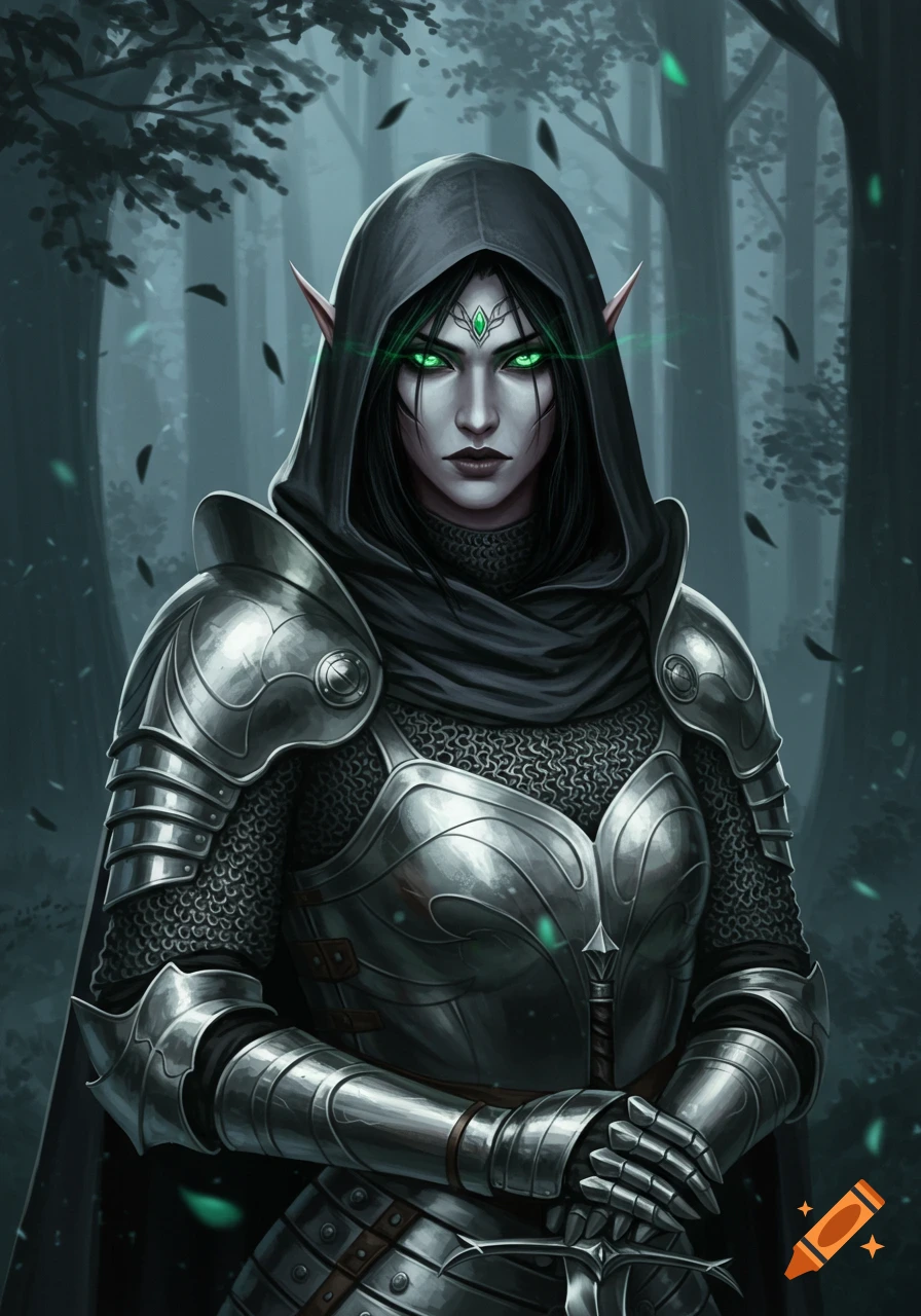 A pale-skinned elf woman with glowing green eyes and black hair under a hood, wearing detailed silver knight armor, stands in a dark forest.