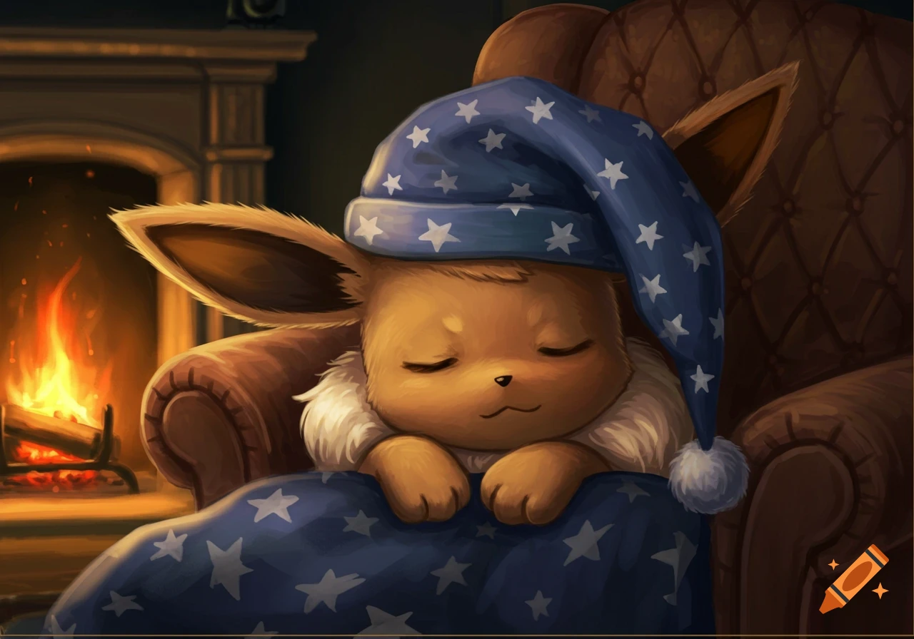 A cute Eevee Pokémon in a blue starry nightcap sleeps in a brown armchair by a warm fireplace, covered by a starry blanket.