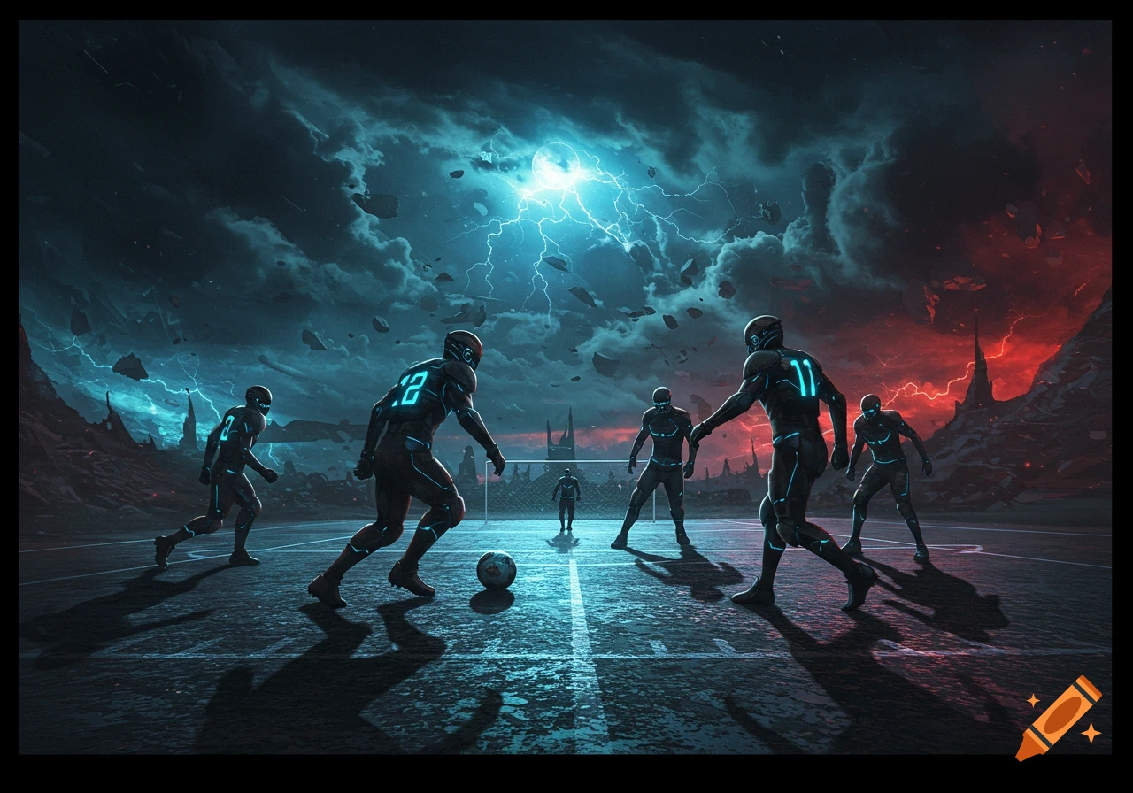 Futuristic football players in glowing suits on a dark, stormy field with lightning and floating rocks.