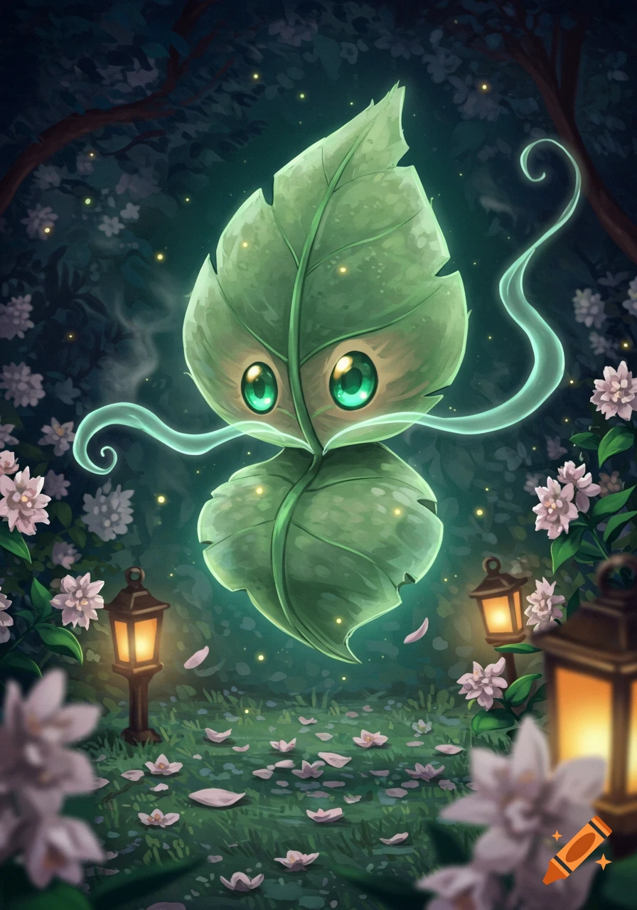 A glowing, cartoonish leaf creature with large green eyes floats in a dark, magical forest with lanterns and light pink flowers.