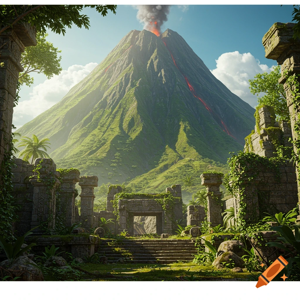 A vibrant landscape of ancient stone ruins nestled around the base of a towering, erupting volcano on a tropical island.