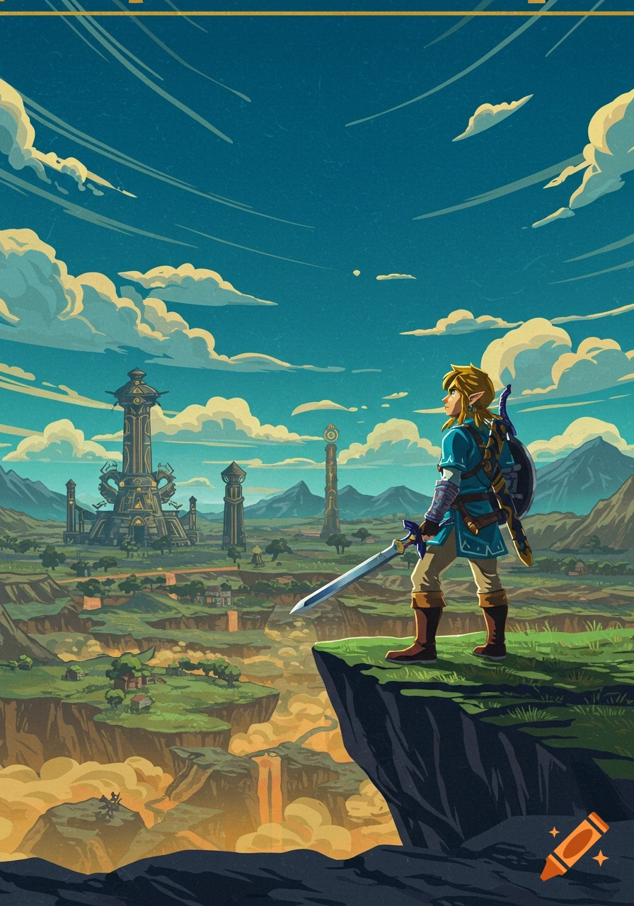 Art deco illustration of Link from Legend of Zelda standing on a cliff overlooking a vast, stylized landscape with ancient towers.