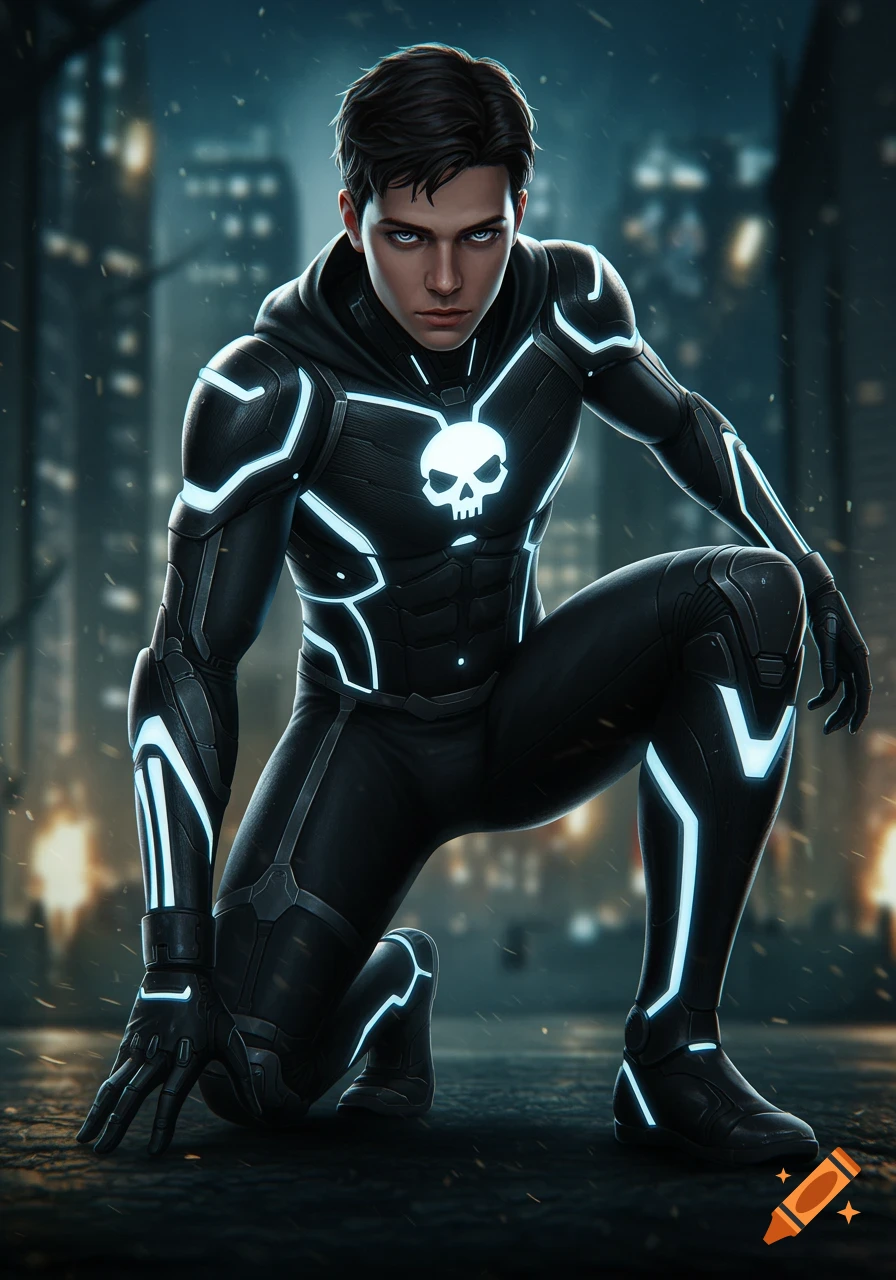 A young male superhero in a black, form-fitting futuristic suit with glowing blue accents and a white skull emblem on the chest, crouches on a dark urban rooftop at night.