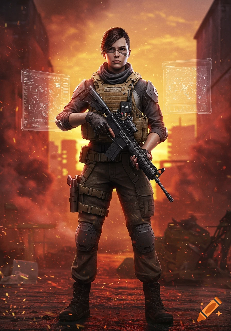 A photorealistic depiction of a female soldier in tactical gear holding a rifle, standing in a fiery, war-torn city.