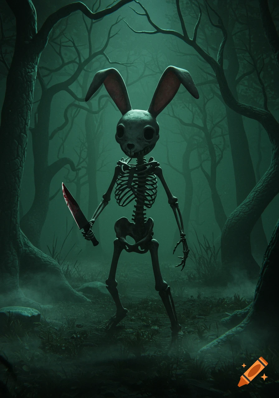 A skeleton with a bunny mask holding a bloody knife in a dark, foggy forest.