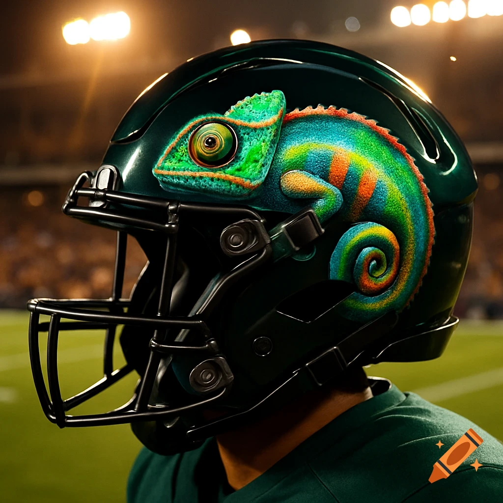Dark green football helmet featuring a vibrant, colorful chameleon logo, set against a blurred stadium background.