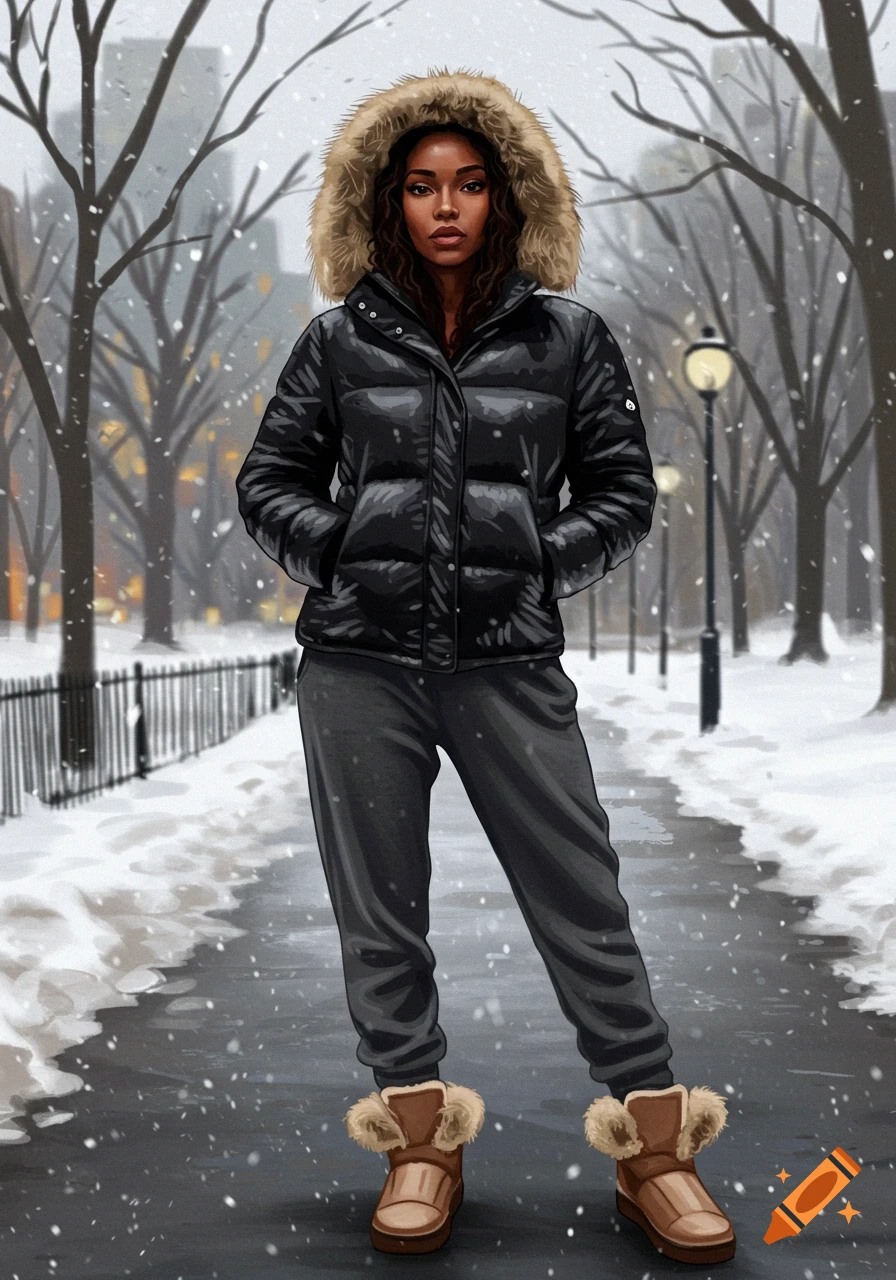 A woman in a black puffer jacket with a fur hood, dark sweatpants, and fur-lined boots stands in a snowy park.