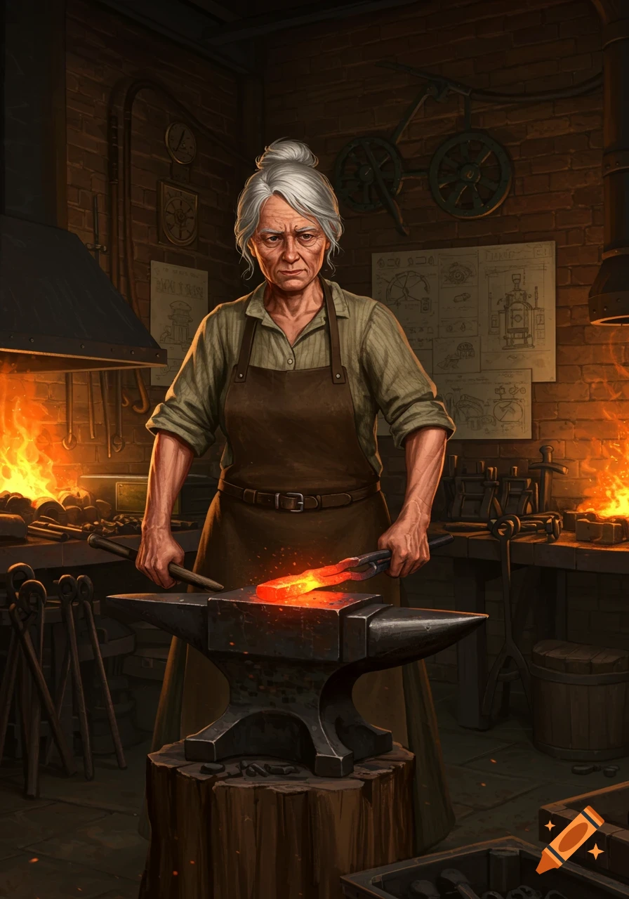 A grizzled elderly female blacksmith with silver hair works at a forge, holding a hot metal piece over an anvil in a detailed workshop, fantasy art style.