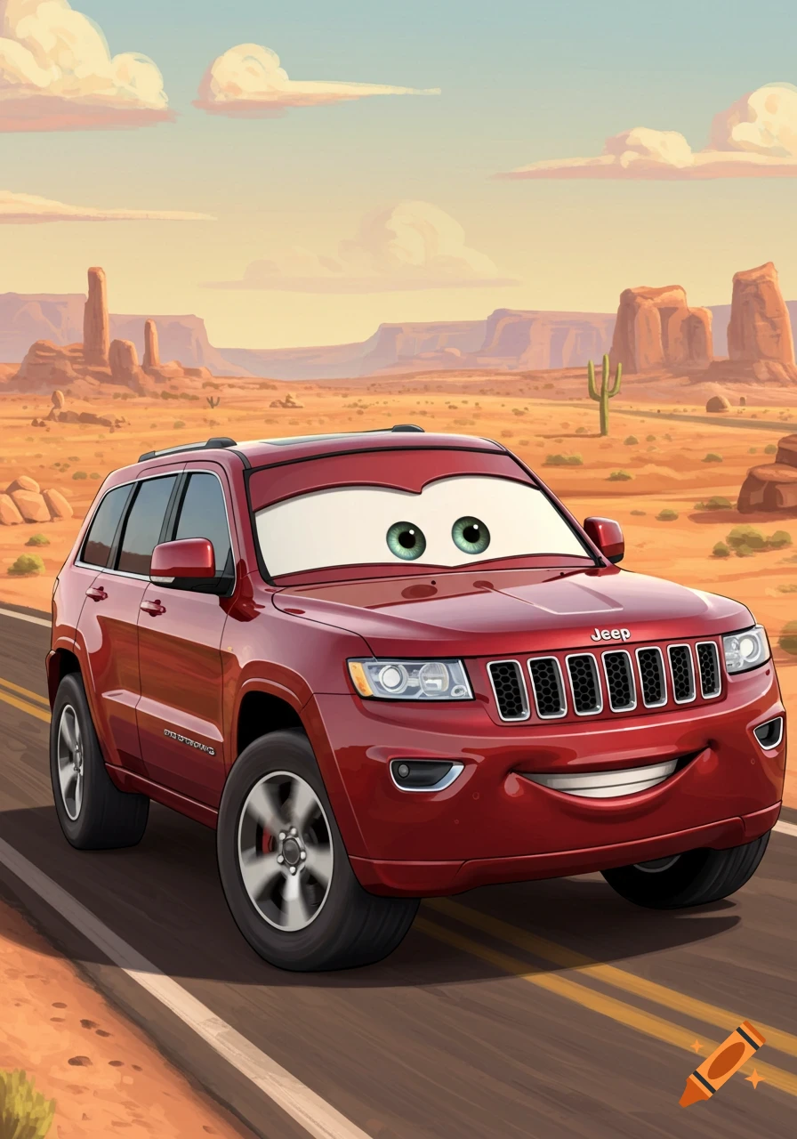 A dark red Jeep Grand Cherokee with a friendly cartoon face drives through a desert landscape with mesas and a cactus, in Pixar Cars style.