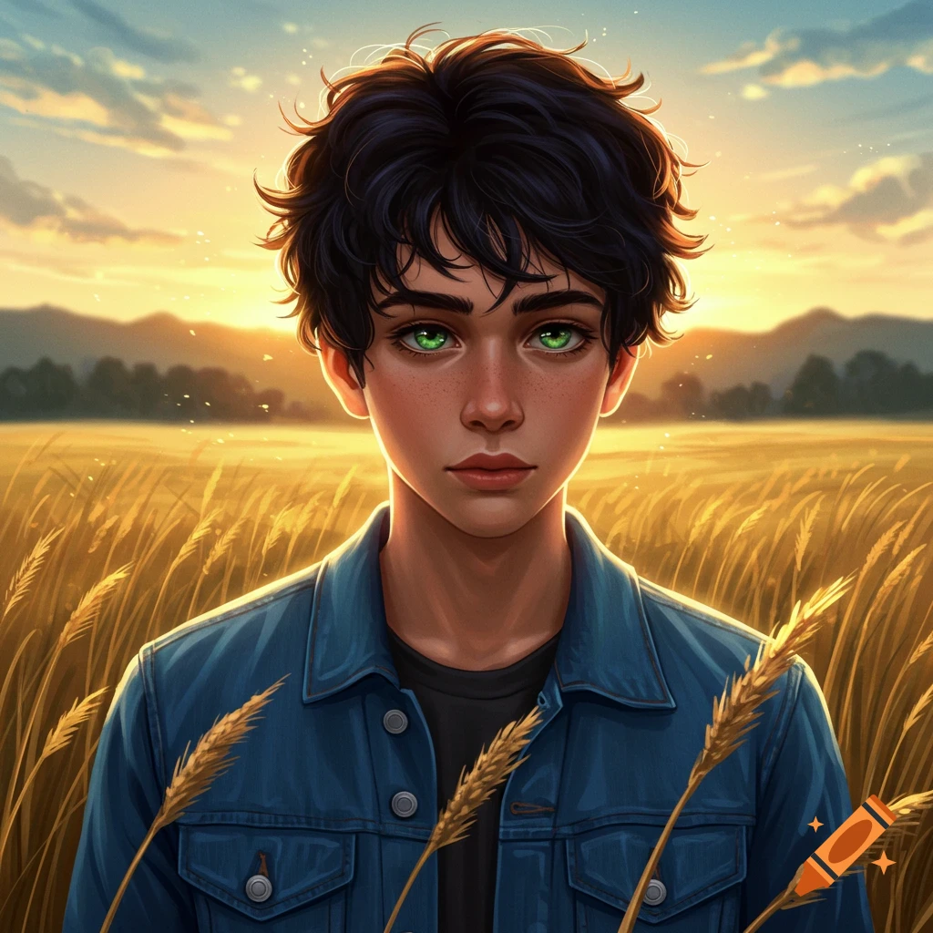 A young boy with messy black hair and striking green eyes stands in a wheat field at sunset, digital art.