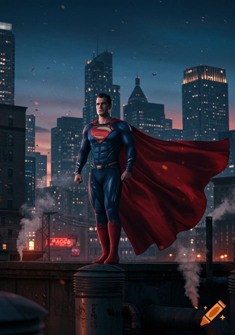 Photorealistic image of Superman standing on a city rooftop at dusk, with a sprawling cityscape in the background.