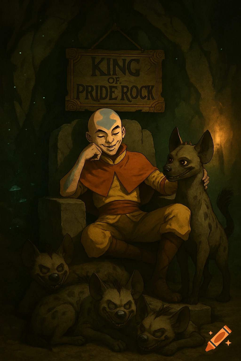 Aang from Avatar sits on a stone throne in a dark cave, stroking a hyena, with others at his feet. A sign reads 'KING OF PRIDE ROCK'.