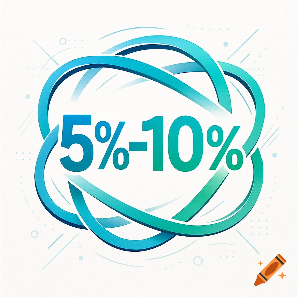 Abstract graphic with intertwined blue and green shapes around '5%-10%' in bold typography.