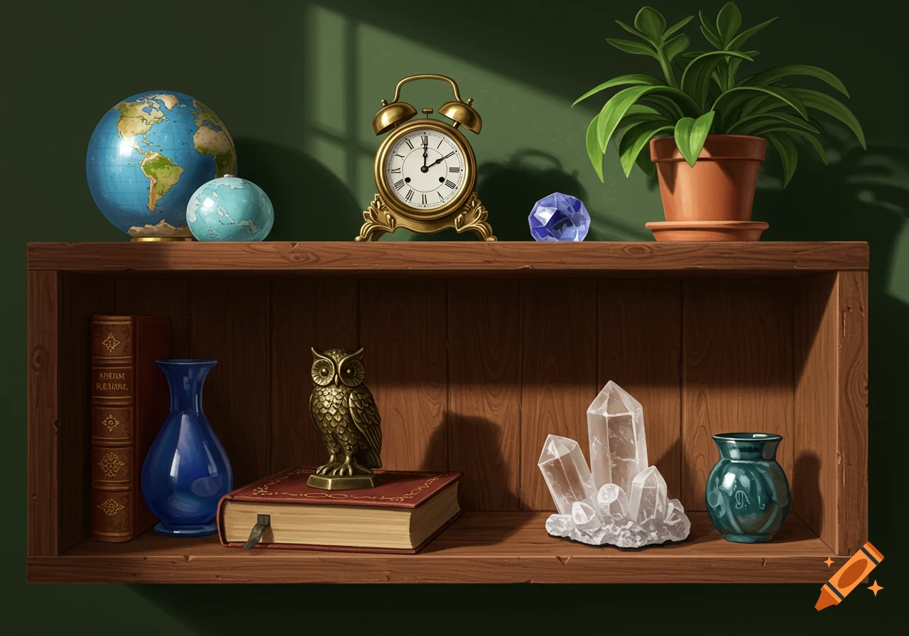 A wooden shelf displays globes, an antique clock, a potted plant, books, an owl statue, clear crystals, and various vases.