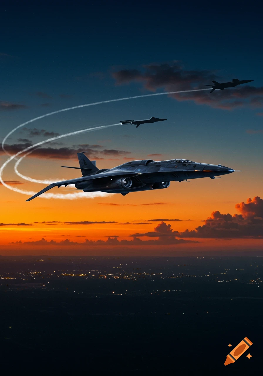 Three dark, futuristic military aircraft fly over a city at sunset, one leaving looping white contrails in the orange-blue sky.