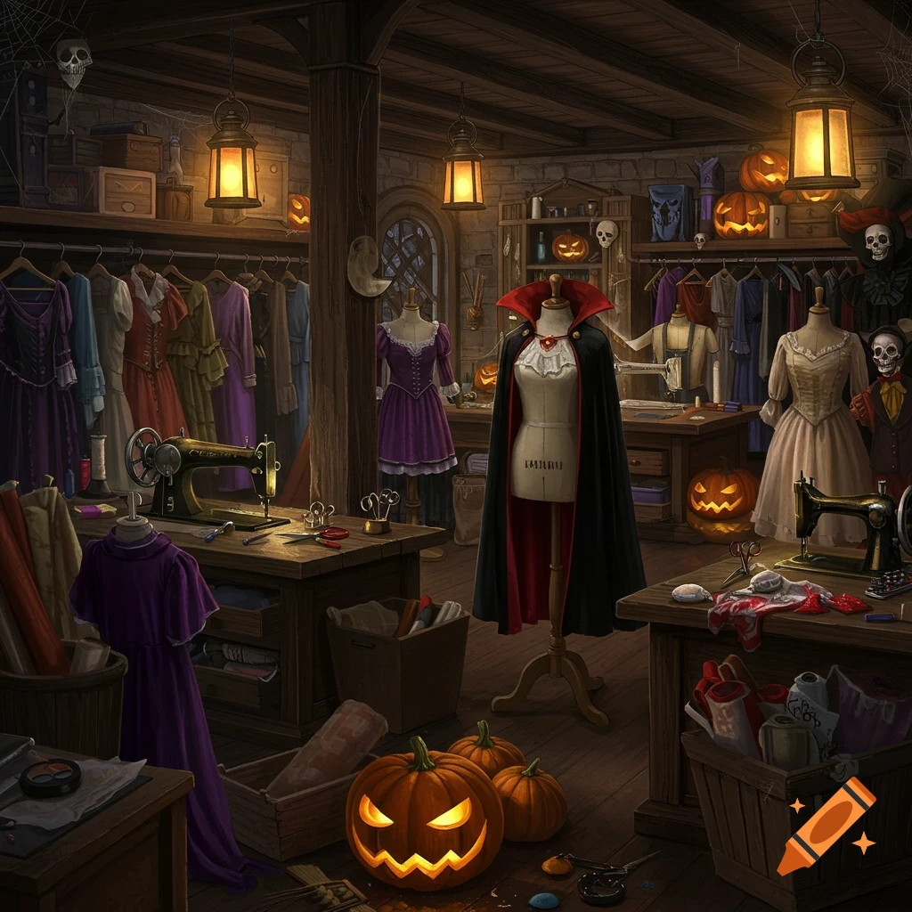 A dimly lit, spooky Halloween costume workshop with mannequins wearing gothic dresses and a vampire cape, surrounded by sewing machines, fabric, and glowing jack-o'-lanterns.