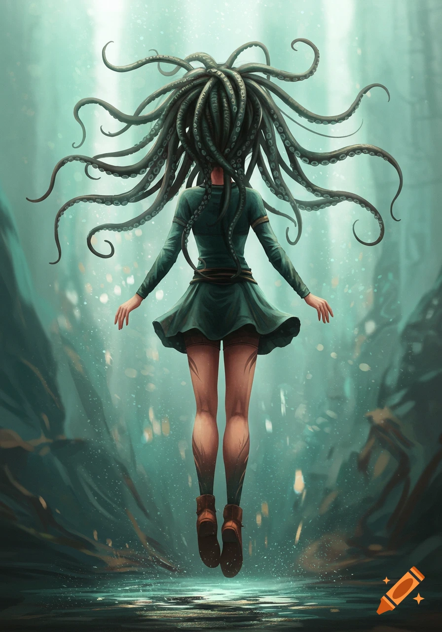 A girl with octopus tentacles for hair floats upright, seen from behind, wearing a green dress, in a mystical, ethereal teal environment.