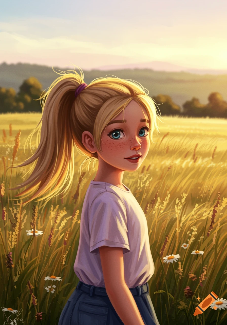 A blonde cartoon girl with freckles and a ponytail stands in a golden field at sunset, looking over her shoulder.
