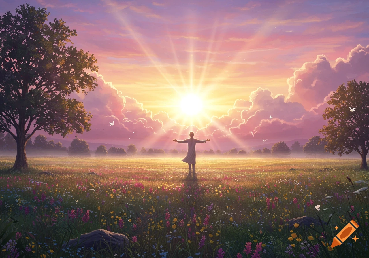 A person with outstretched arms stands in a vibrant field of wildflowers, bathed in the bright light of a rising or setting sun with dramatic clouds.