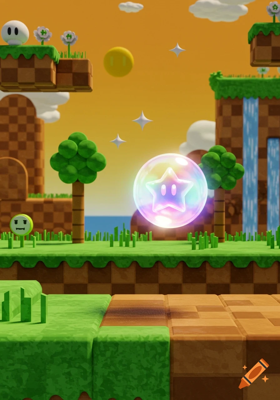 Vibrant 3D video game level with blocky green and brown terrain, featuring a glowing rainbow star in a bubble, trees, and enemies.