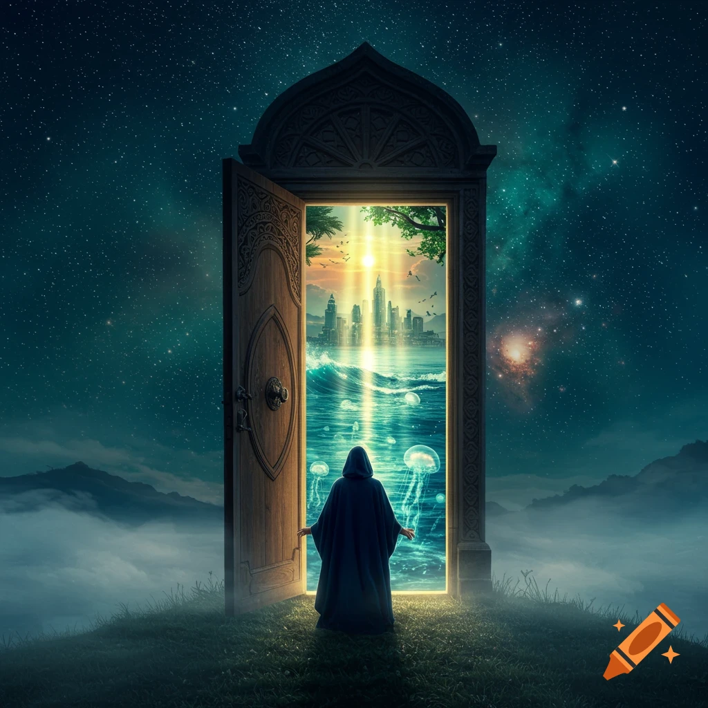 A hooded figure faces an open ornate door on a grassy hill, revealing a bright cityscape rising from an ocean with glowing jellyfish under a starry sky.