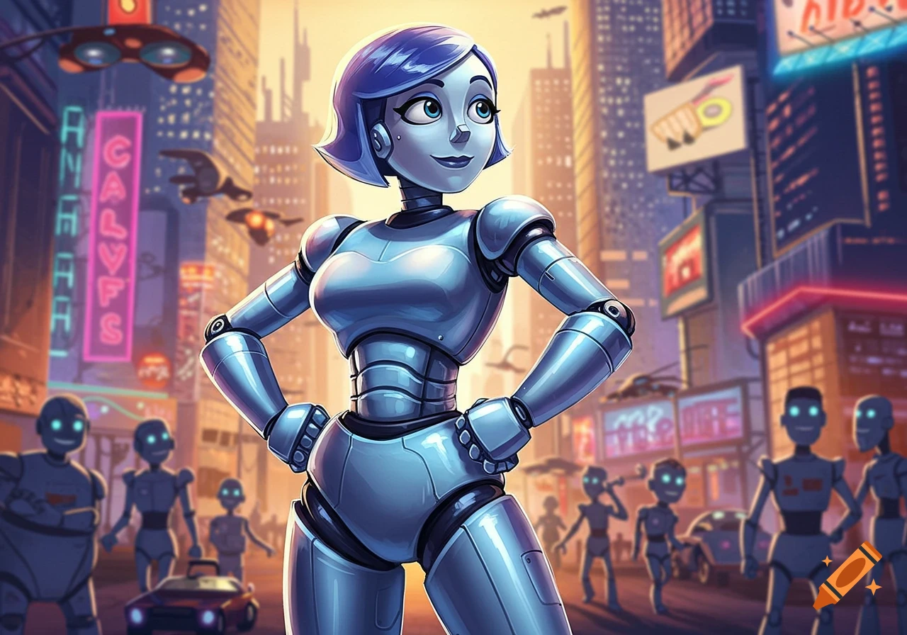 A cartoon-style female robot with blue hair and metallic body armor stands confidently in a futuristic city with other robots and flying vehicles.