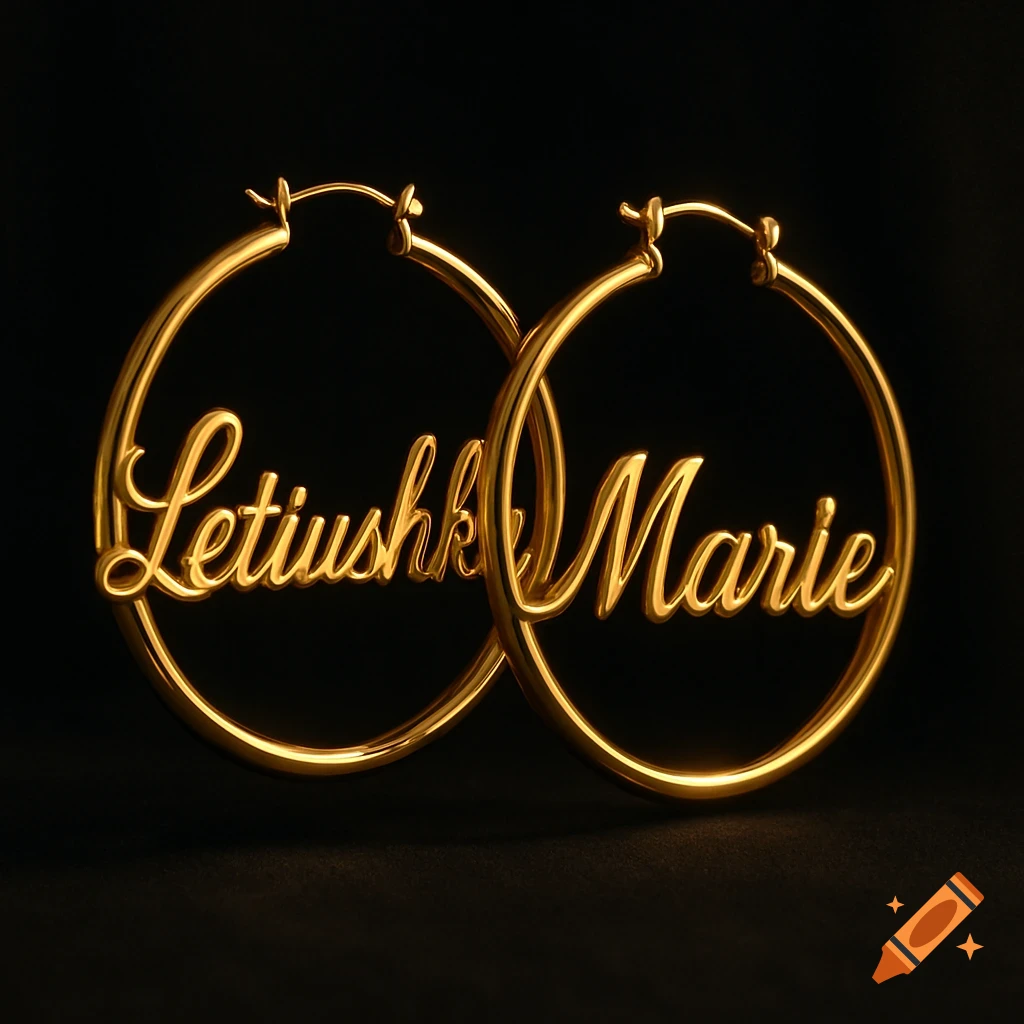 Two gold hoop earrings, one inscribed with 'Letiushkh' and the other with 'Marie' in cursive script.