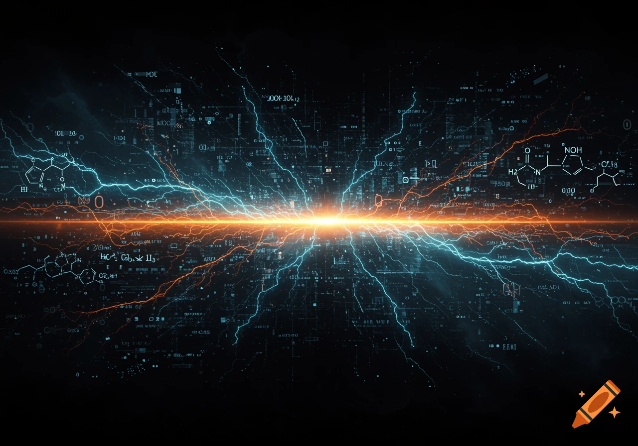 An abstract digital background features a bright orange and blue lightning bolt through the center, surrounded by glowing data points, chemical structures, and circuit board patterns on a dark background.