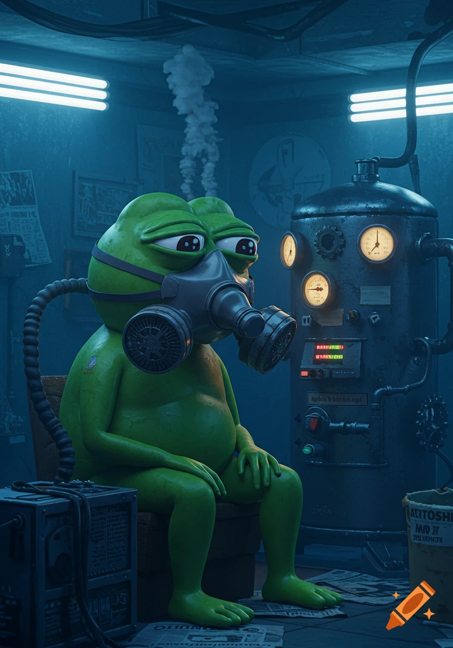 Pepe the Frog wearing a gas mask, sitting in a dimly lit, blue-hued room with pipes and industrial machinery, with smoke rising.