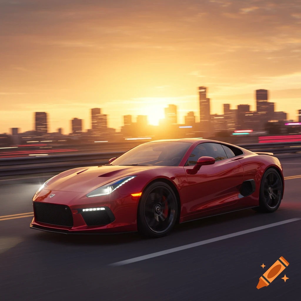 A sleek red sports car drives on a road with a blurred city skyline in the background at sunset, photorealistic style.