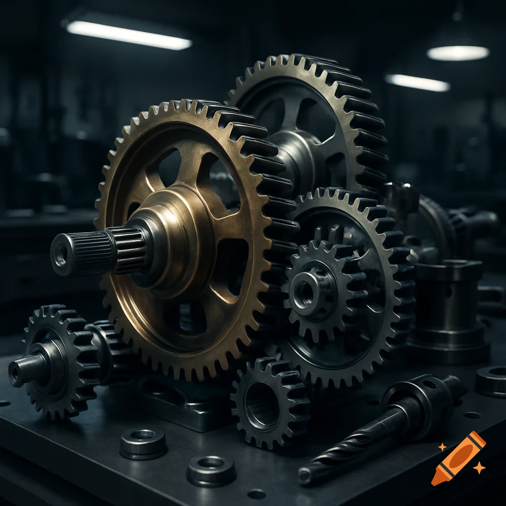Close-up of metallic gears and machine parts on a dark industrial surface, featuring a large brass gear.