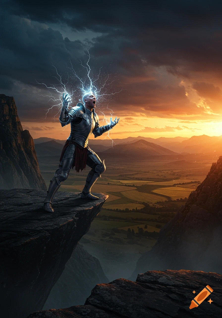 An armored figure screams on a cliff edge, with lightning erupting from their head and hands, against a dramatic sunset landscape.